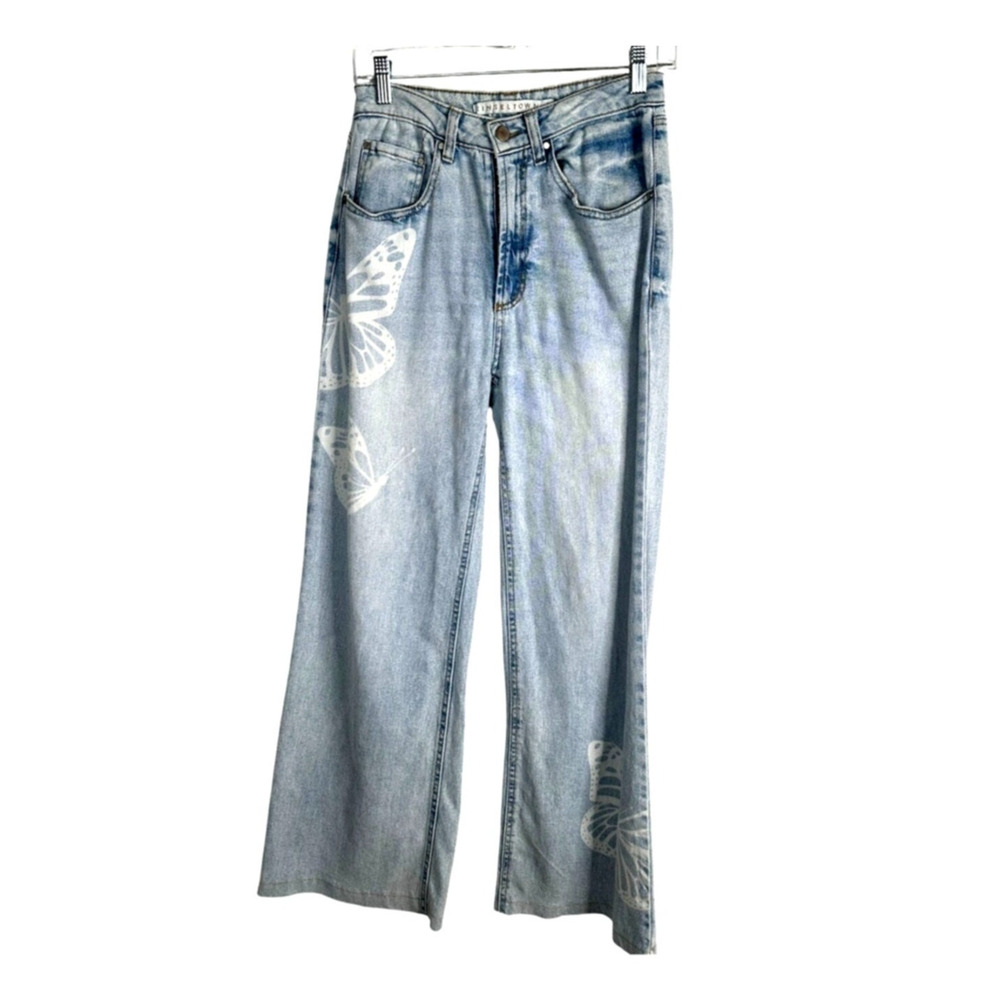 Vintage BUTTERFLY Wide Leg High Waist Rise Jeans 26 Light Wash Boho VNTG y2k - Picture 2 of 6